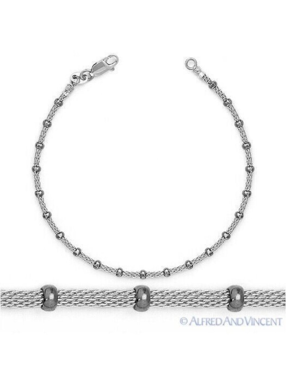 Bead & Mesh Chain Bracelet in .925 Sterling Silver w/ Black Rhodium - 7.5"